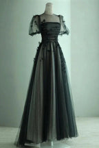 A Line Black Puff Sleeves Tulle Long Prom Dress Black Formal Evening Dress Y7334