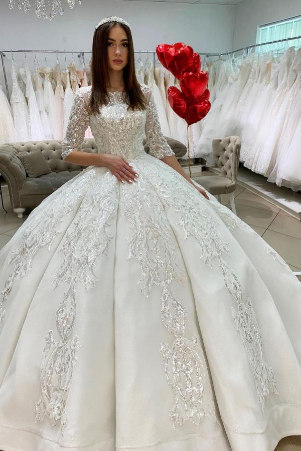 Elegant Satin Floor Length Wedding Dress With Bateau Neckline And Lace Appliques