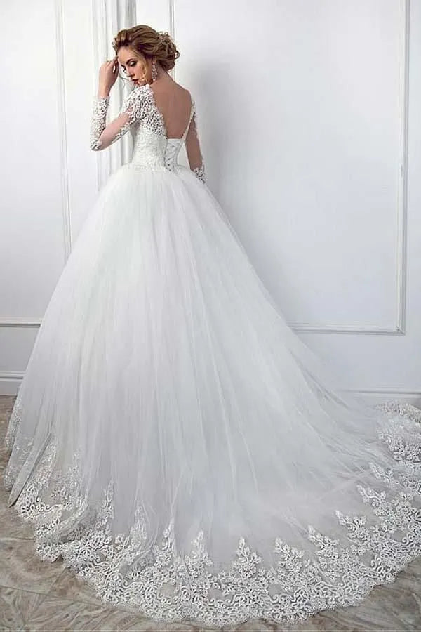 Impressionante vestido de noiva com vestido de baile com mangas compridas de renda e saia de tule