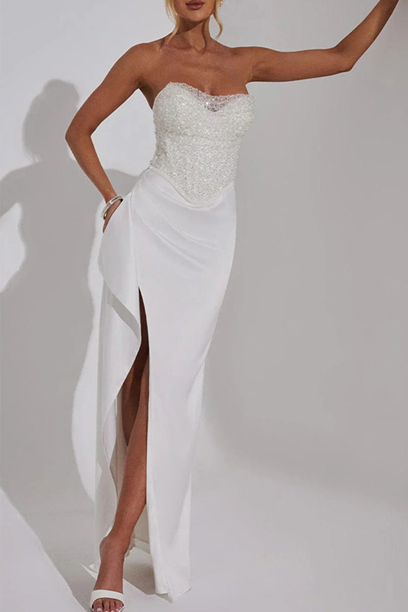 Vestidos de noche sexys con lentejuelas, aberturas y fruncidos en los hombros 