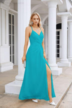 Vestido de Festa Comprido até ao Chão para Damas de Honra, em Chiffon, com Alças Finas, Decote em V e Fenda Frontal, para Baile, Festa e Casamento 28116