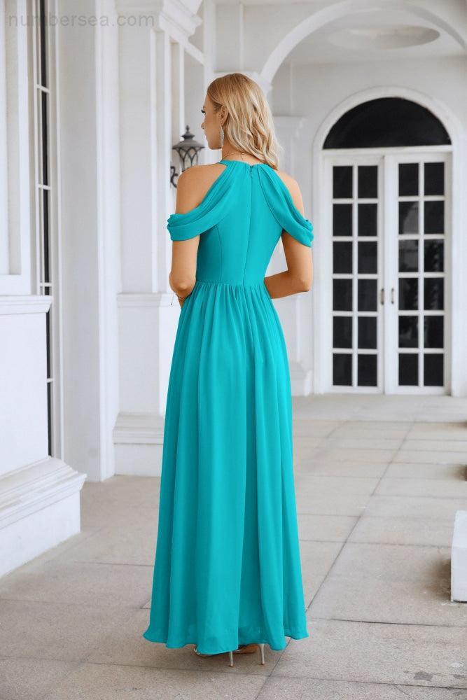 Abito da sera da damigella in chiffon con spalle scoperte, maniche a campana e spacco frontale, abito da festa nuziale 28117