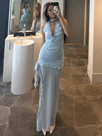 Abito lungo donna TARUXY con scollo a V profondo, taglio slim, inserti in tessuto traforato, pieghe, spacco laterale e trasparenze, per una serata sexy