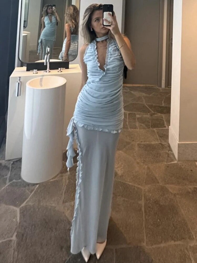 Abito lungo donna TARUXY con scollo a V profondo, taglio slim, inserti in tessuto traforato, pieghe, spacco laterale e trasparenze, per una serata sexy
