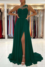 Custom One Shoulder Prom Dress With Lace Appliques And Front Split