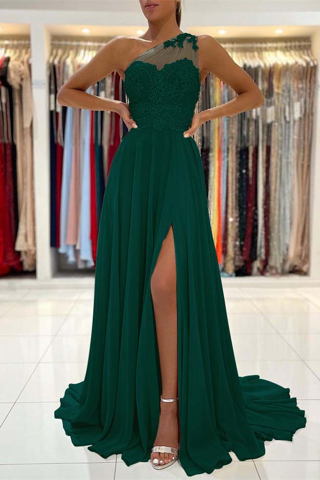 Custom One Shoulder Prom Dress With Lace Appliques And Front Split