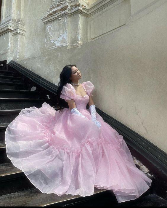 Vestido de Quinceanera cor-de-rosa com Mangas Bufantes de Tule, Vestido de Baile, Vestido para Festa de 16 Anos Y1968