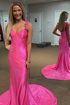 Abito lungo da sera in raso con spalline floreali rosa acceso a sirena