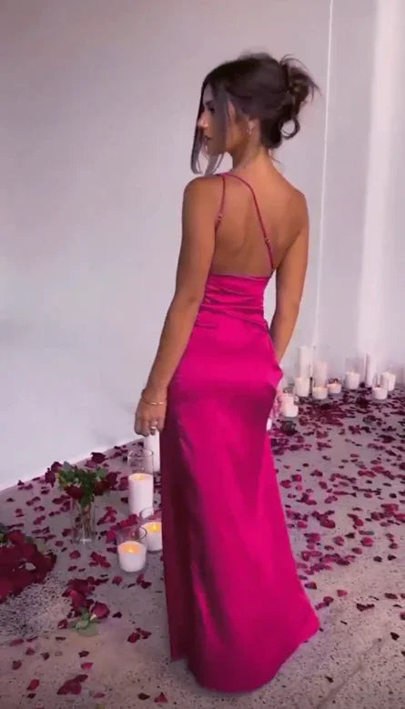 Vestido de fiesta rosa intenso sexy de un solo hombro con abertura de satén para la noche Y7623