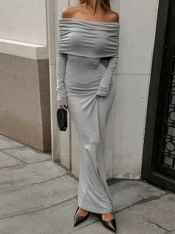 Vestidos de Noite Maxi Decote Ombro a Fora Manga Comprida Justos Pregueados Cor Liso Articulação Dividida