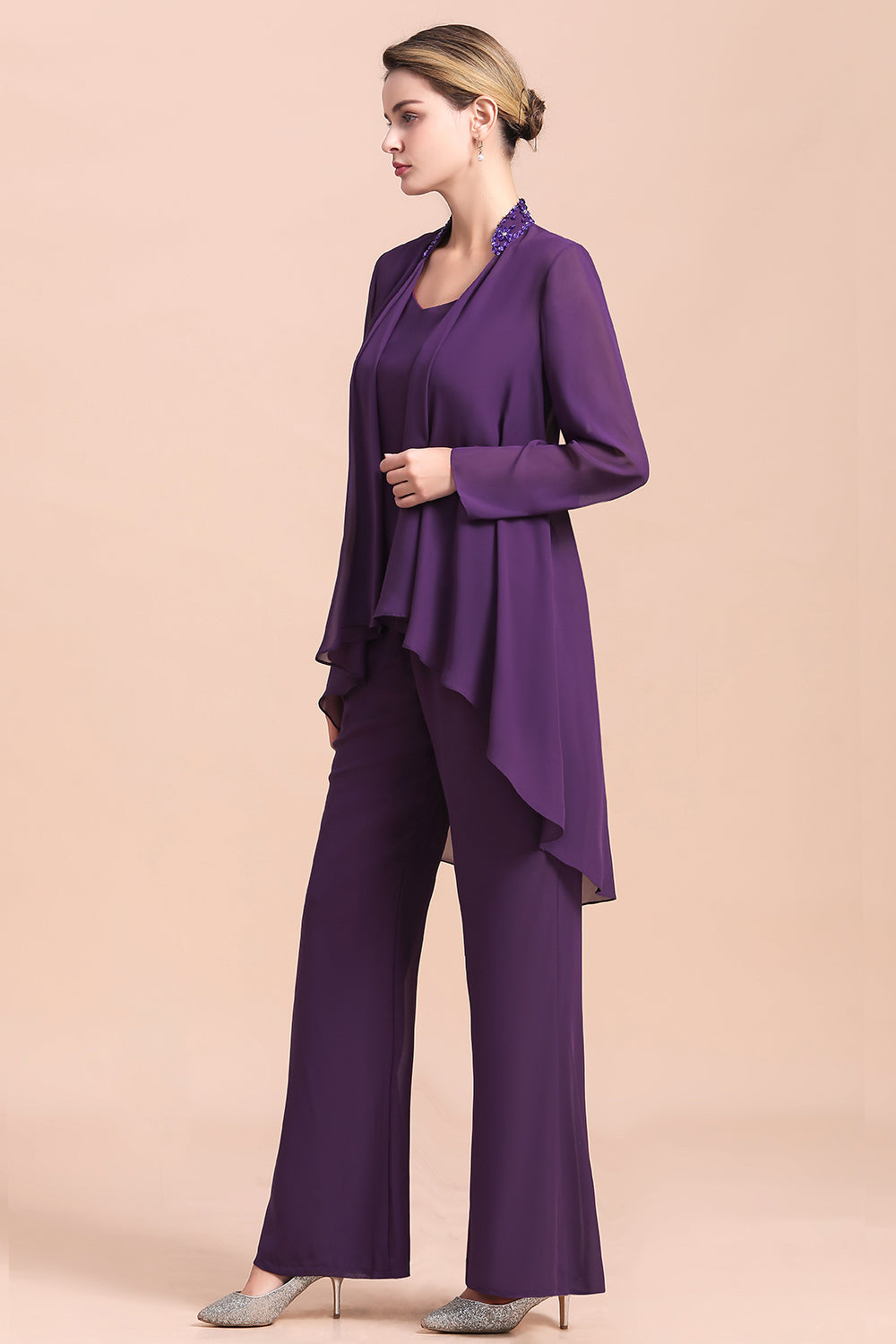 BMbridal Affordable Straps Beading Grape Chiffon Mother of Bride Jumpsuit Online with Wrap