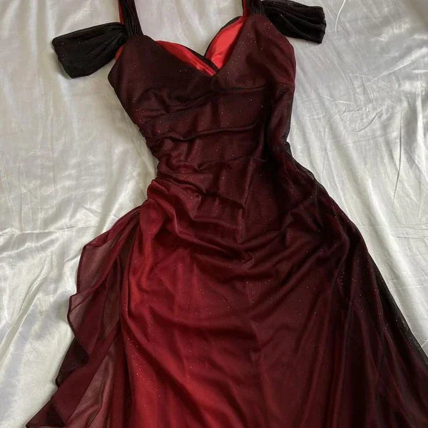 Robe longue de bal en mousseline rouge dégradé brillant Robe de soirée Y7489