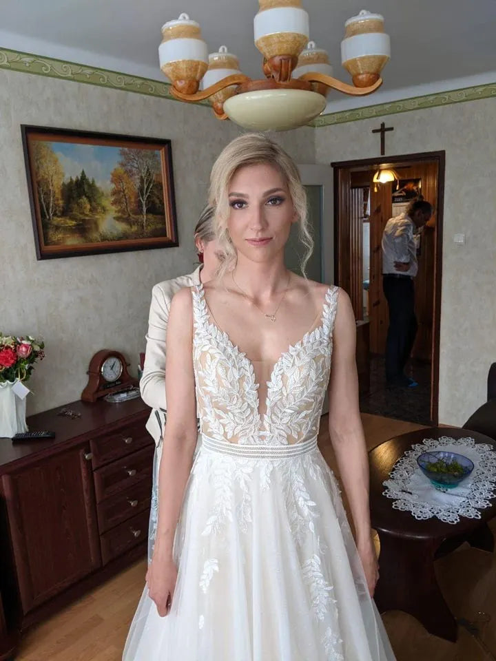 V-Neck Open Back A-Line Long Wedding Dress With Tulle Lace