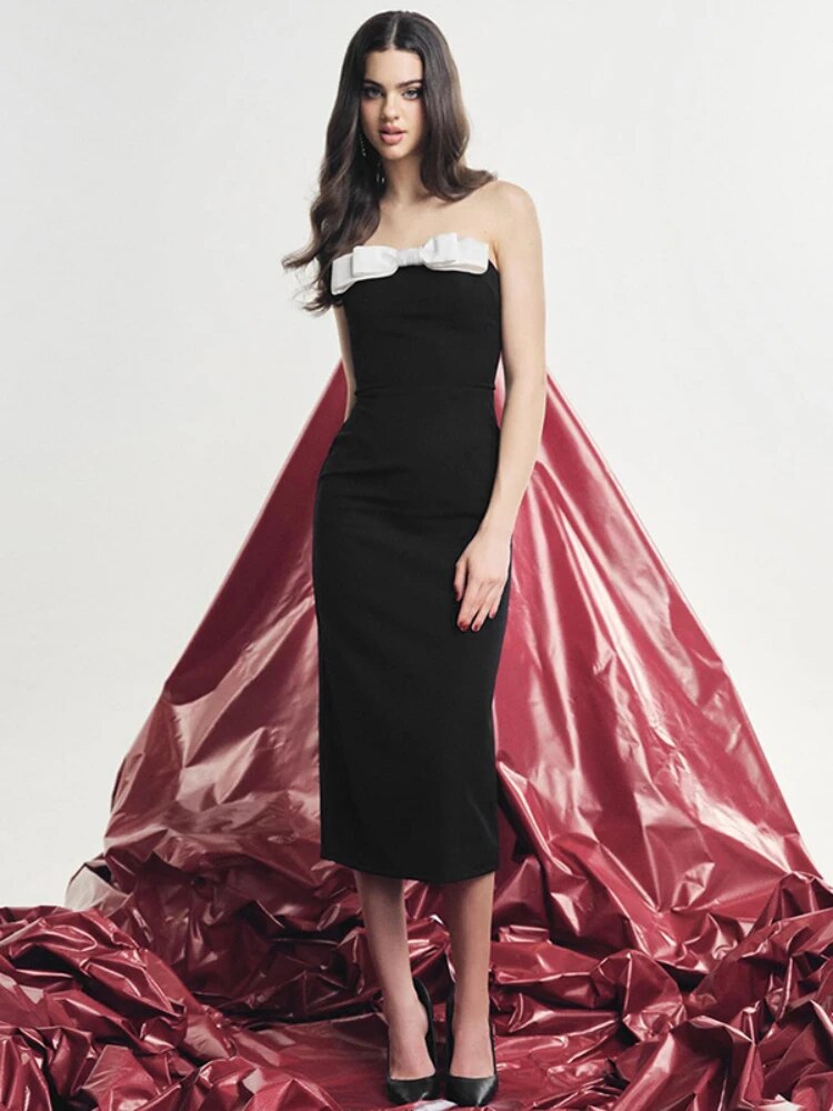 Vestido Longo Preto com Laço de Emenda TARUXY para Mulheres, Decote Ombro a Fora, Fenda Sexy, Ajustado ao Corpo, Elegante para Casamento, Festa ou Noite