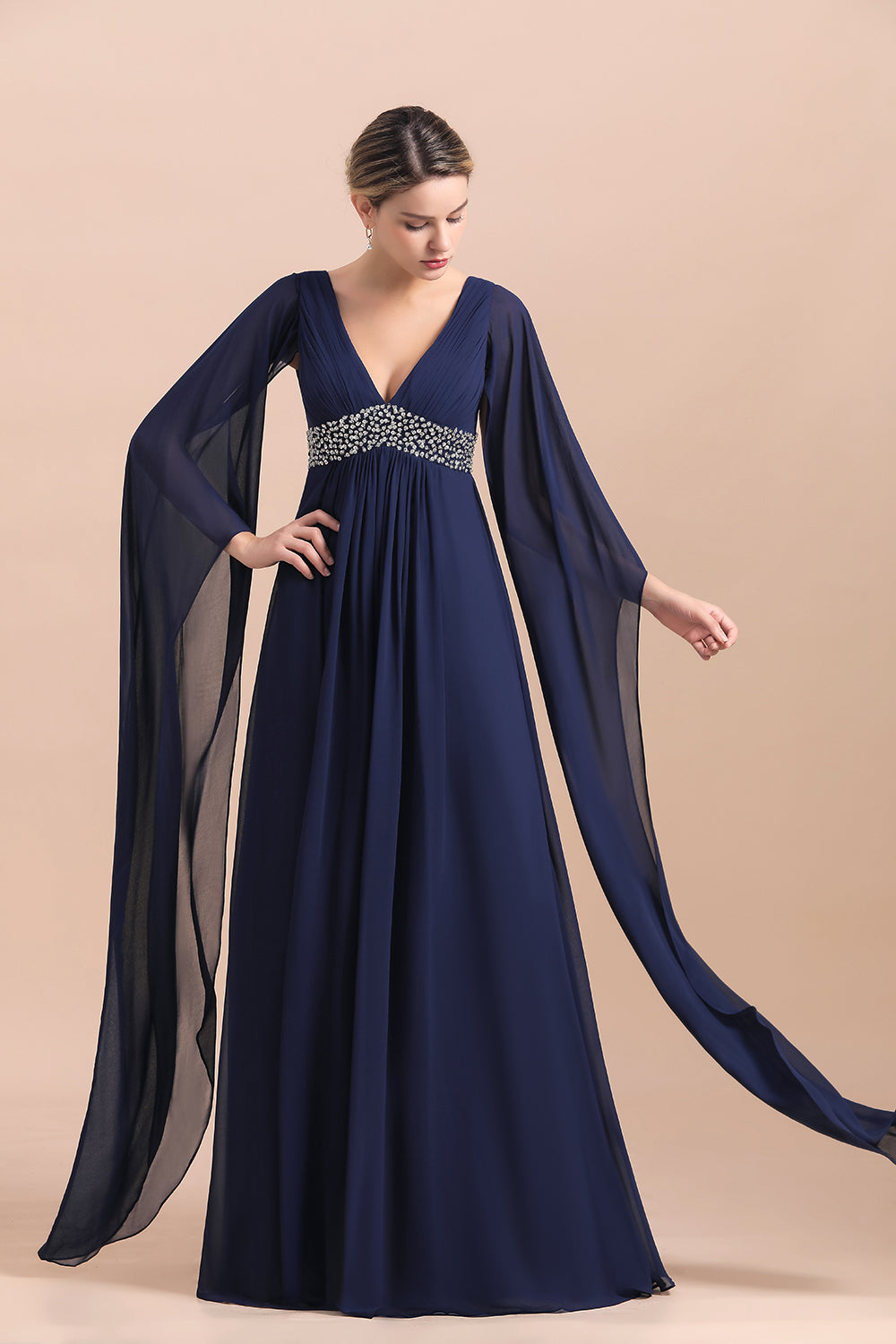 BMbridal Navy Long Sleeve Chiffon Mother Of the Bride Dress With Ruffles Online