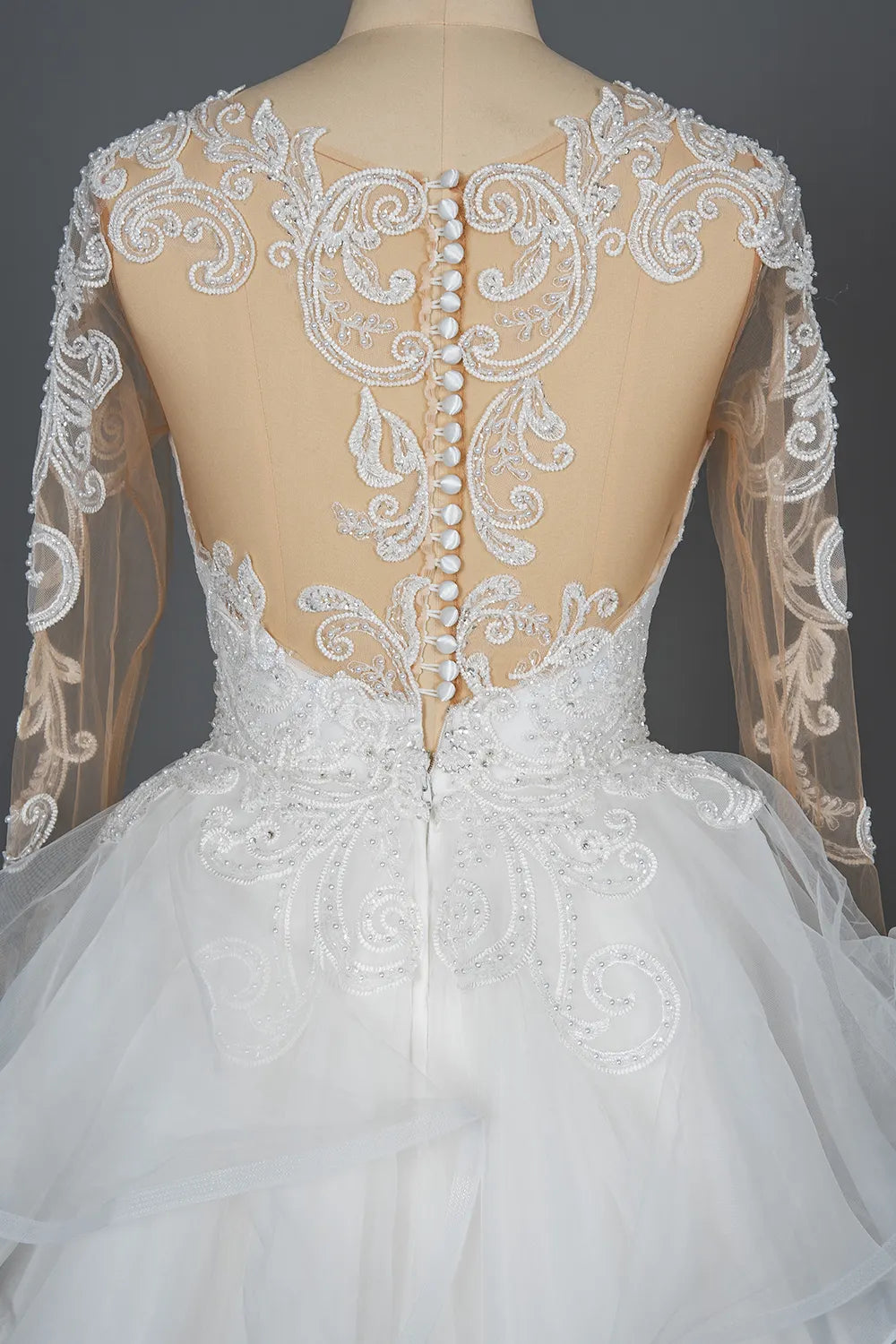 Chic Ruffled Ball Gown Long Sleeve Wedding Dress With Lace Appliques