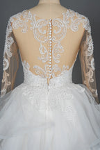 Chic Ruffled Ball Gown Long Sleeve Wedding Dress With Lace Appliques