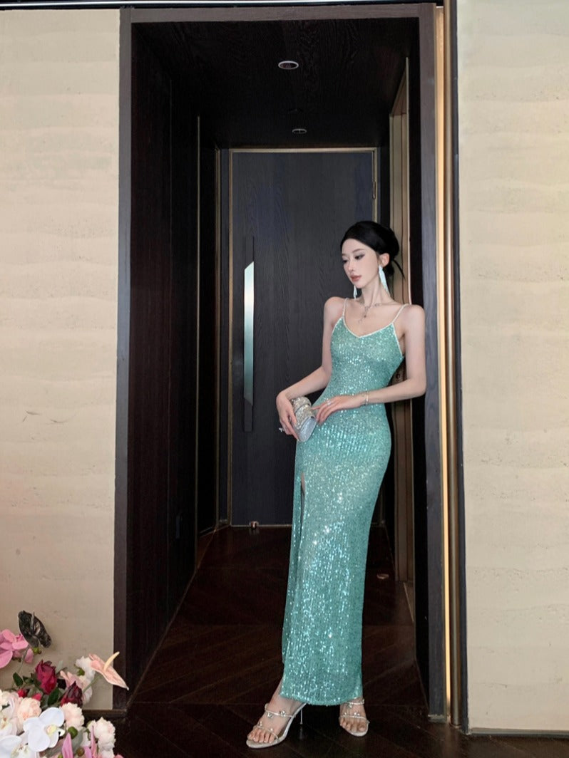 Abito da Sera Verde con Paillettes e Spacco Alto – Elegante Vestito da Festa e Cerimonia