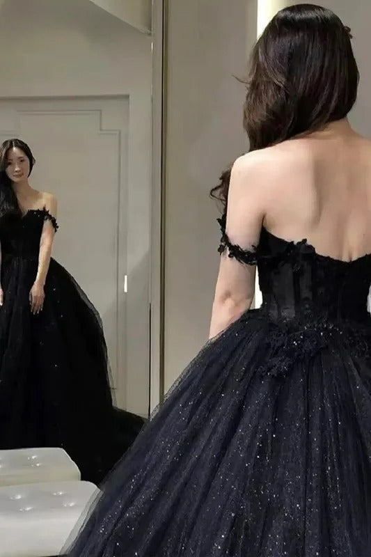 Black Shiny Tull Prom Dress Applique Off Shoulder Sweet Long Formal Wedding Party Dress Elegant Women's Evening Gowns Cu