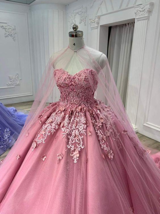 Vestido de Baile com Renda e Tule Rosa Querida com Capa de Tule Vestido Doce 16 Y709