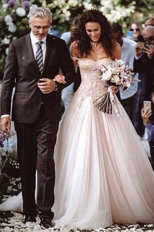 Chic A Line Off The Shoulder Lace Tulle Wedding Dress