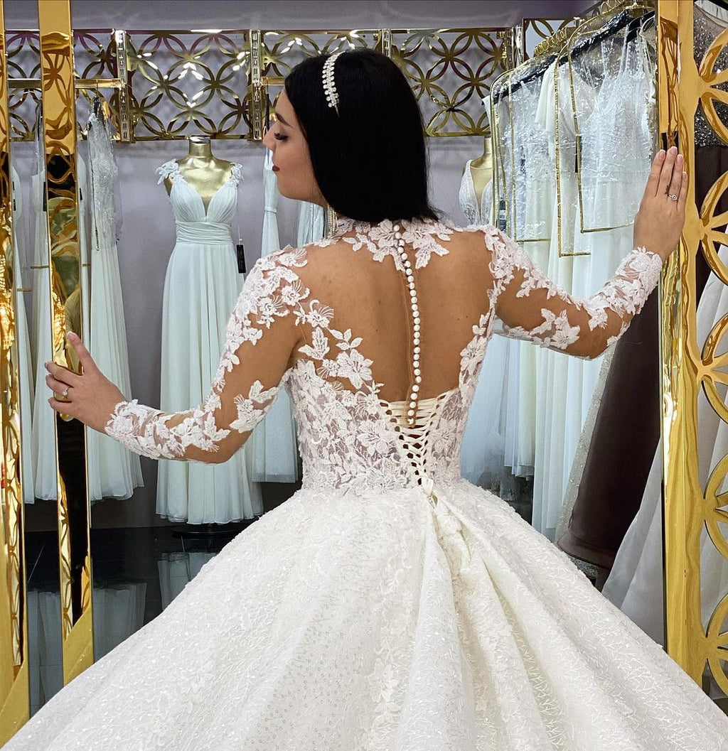 Elegant Long Sleeve Wedding Dress With Lace Appliques And High Neck