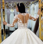 Elegant Long Sleeve Wedding Dress With Lace Appliques And High Neck