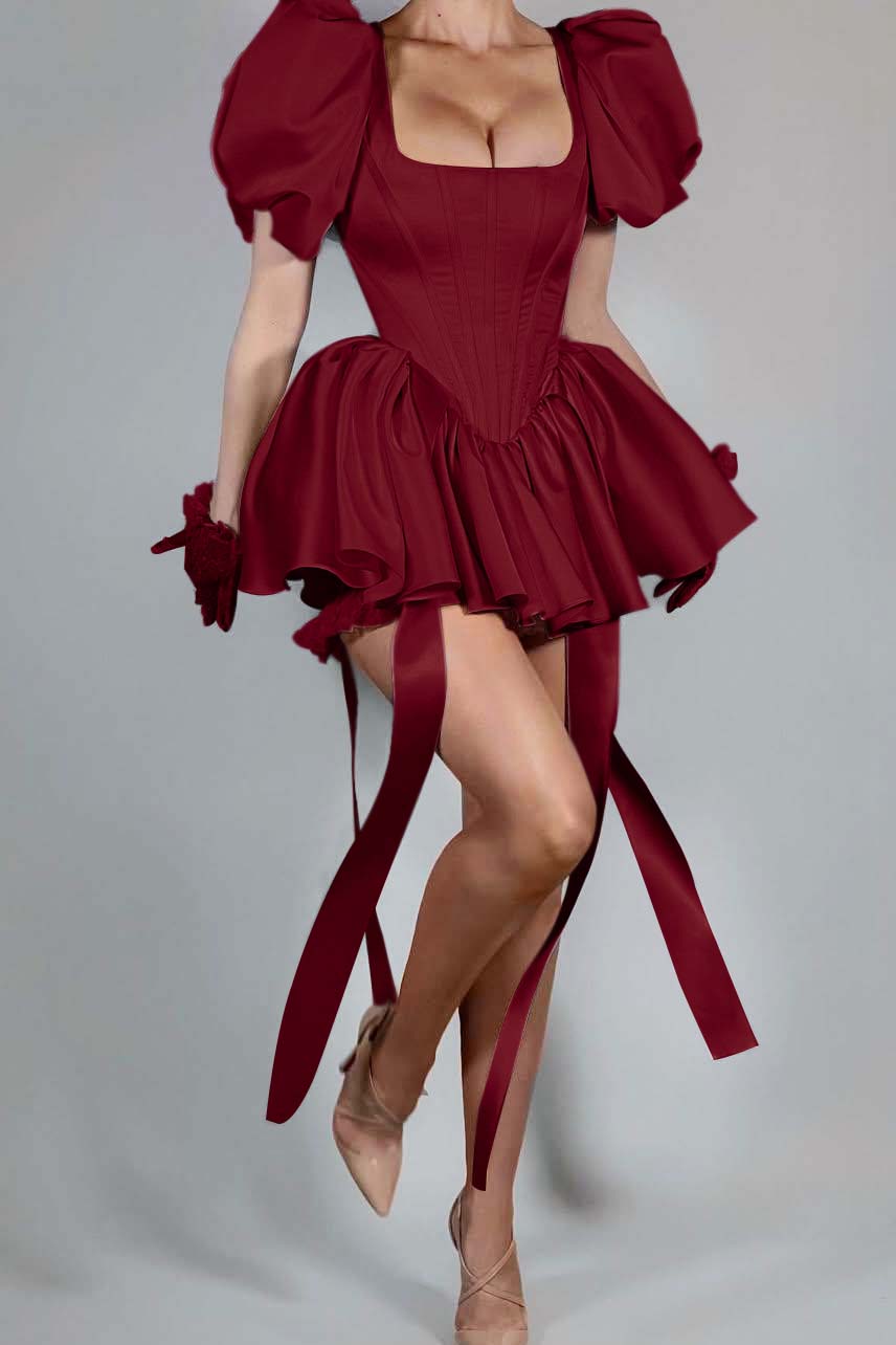 Bubble Sleeves Square Neck Short Prom Dress With Ruffles Pleated