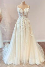 Beautiful A Line Spaghetti Straps Tulle Wedding Dress With Appliques Lace