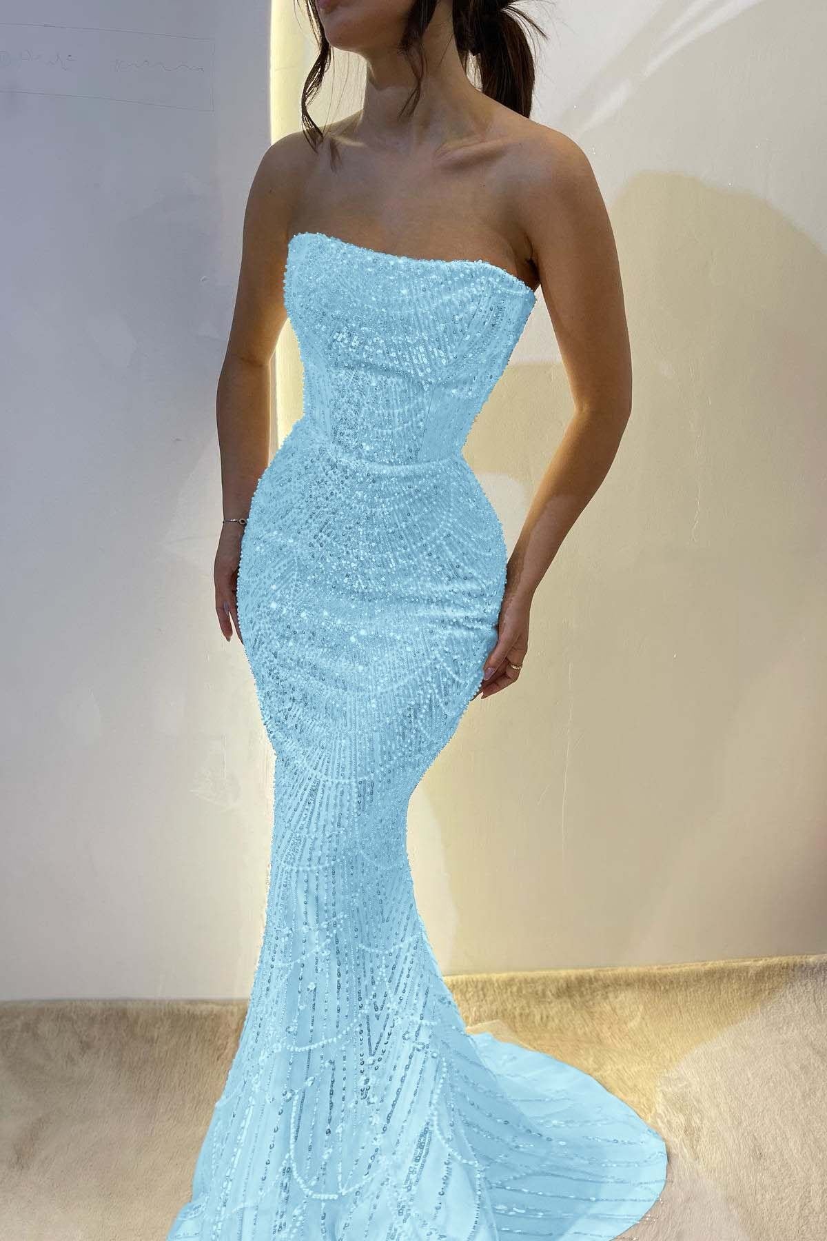 Chic Strapless Long Mermaid Prom Dress With Sequins Custom Colors And Sizes