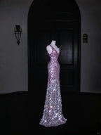 Hermoso vestido largo de fiesta rosa con escote en V y lentejuelas Y8688