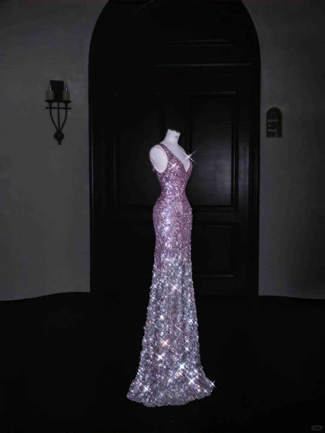 Hermoso vestido largo de fiesta rosa con escote en V y lentejuelas Y8688