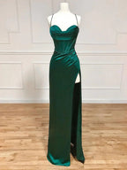 Vestido largo de satén para baile de graduación con escote corazón verde Vestidos de noche verdes Y4395