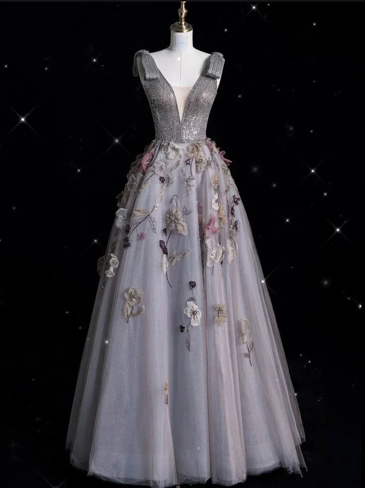 Charming V Neckline Gray Tulle Floral Ball Gown Long Evening Gown Prom Dress Y7953