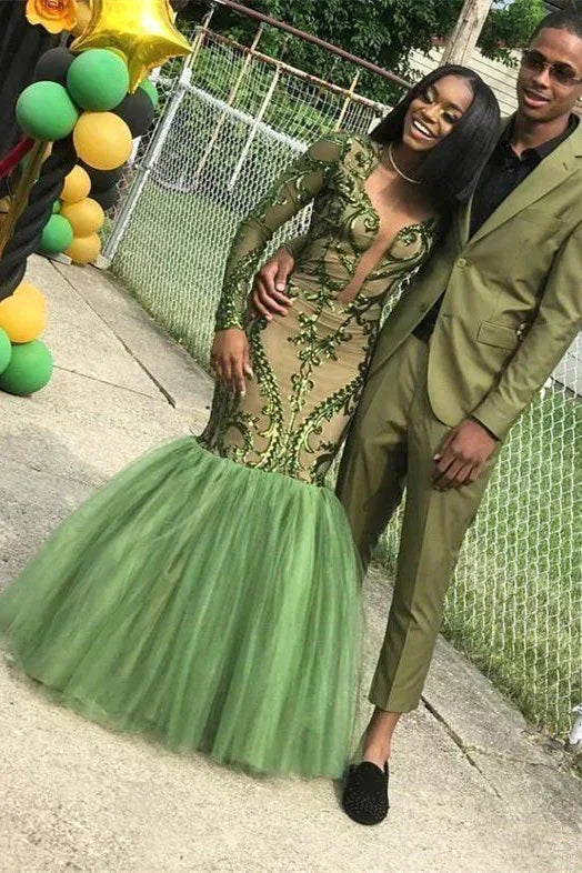 Grüne Pailletten-Abendkleider, sexy Meerjungfrau-Langarm-Abendroben Y1456