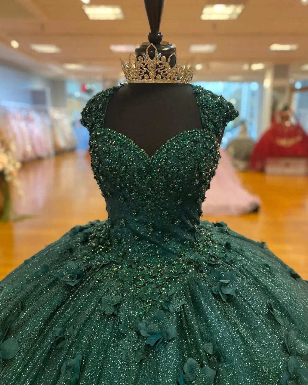 Vestido de Baile Verde Princesa Vestidos de Quinceanera Festa dos 15 Anos Flores 3D Aplicação de Renda Contas de Cristal Lantejoulas Vestidos de Aniversário Y606