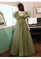 Vestido Verde de Noche Temperamento Manga Larga Abullonada Vestido de Princesa Y4315