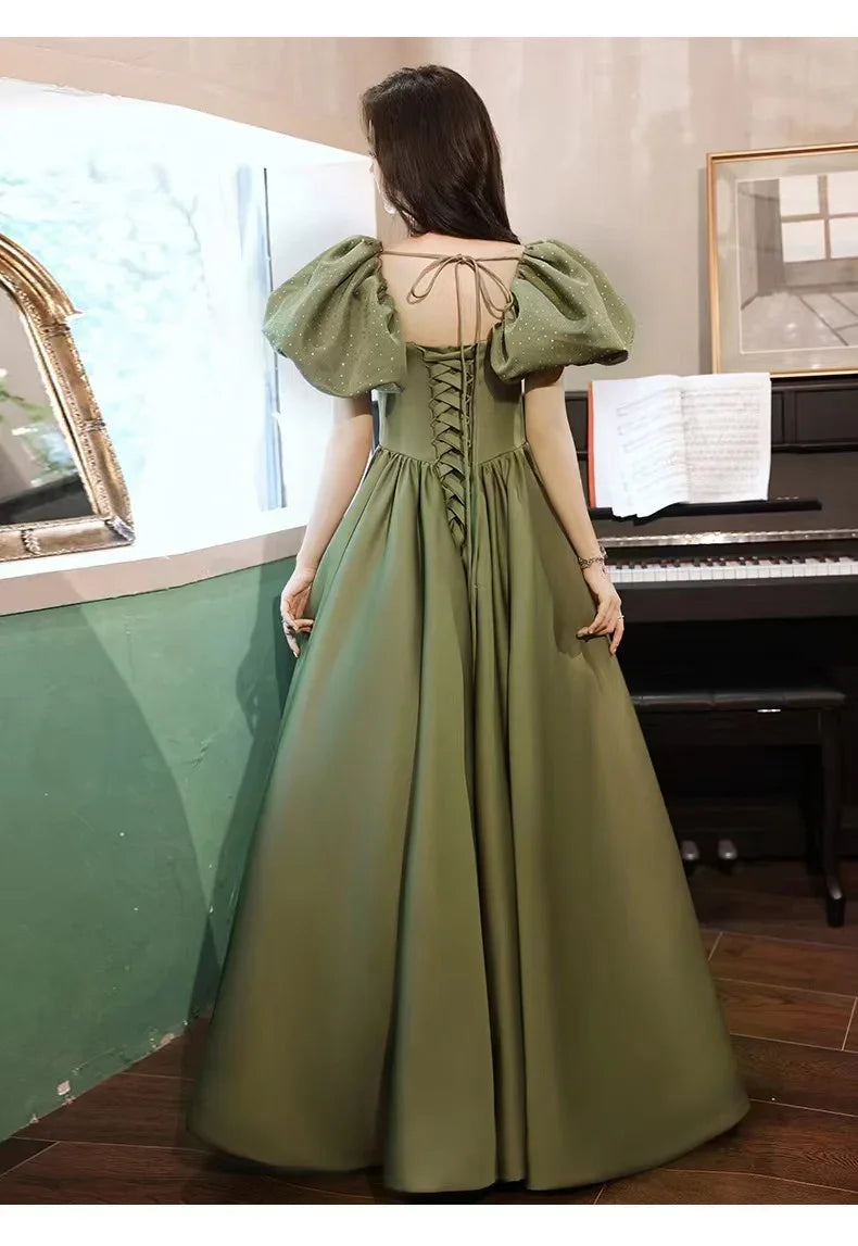 Vestido Verde de Noche Temperamento Manga Larga Abullonada Vestido de Princesa Y4315