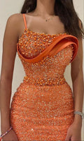 Vestido de noite laranja alças finas pérolas frisadas lantejoulas renda vestidos a direito Y6648