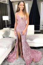 Robes de bal roses à paillettes | Robe de soirée longue formelle sirène fendue sexy Y1921