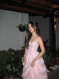 Vestido largo de fiesta formal rosa con apliques de encaje en capas y corte en línea A Y7936