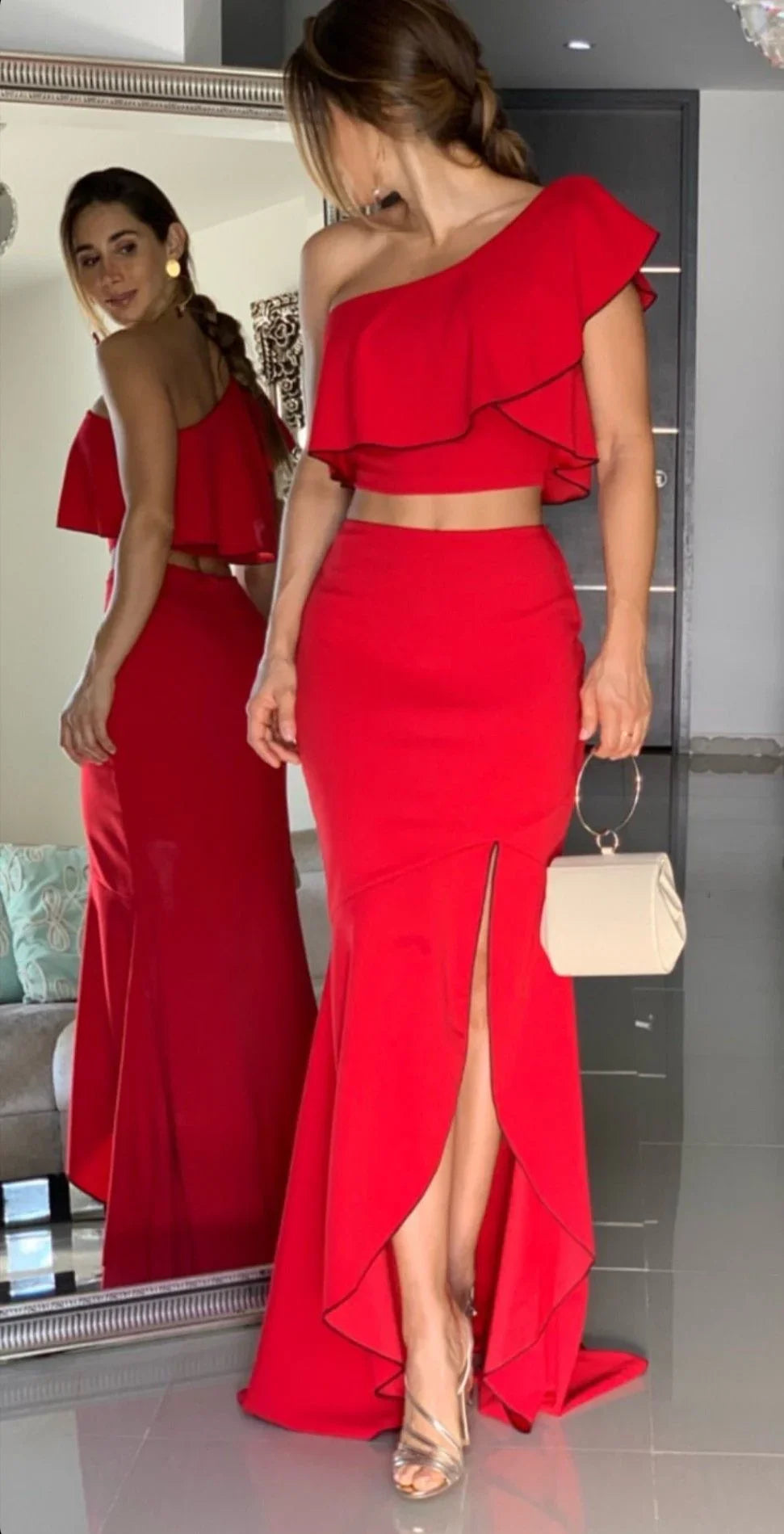Vestido de Noite Elegante de Duas Peças com Cauda de Sereia e Fenda Y5507