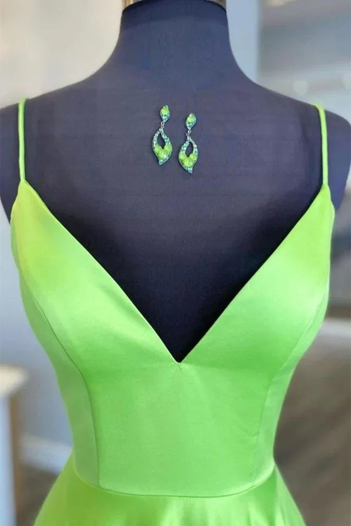 Simple A Line V Neck Green Satin Long Prom Dress, V Neck Green Formal Graduation Evening Dress Y215