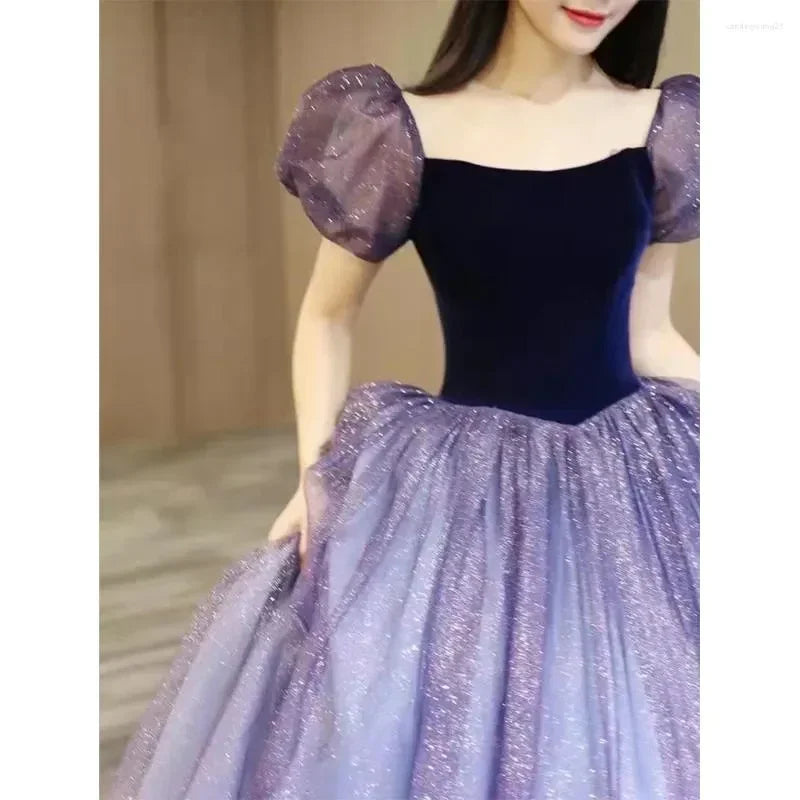 Lila Tüll Kurzarm Festliches Kleid Niedliches A-Linien Abendkleid Y4291