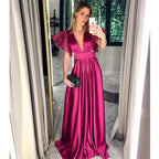 Vestidos Elegantes de Noche para Mujer con Escote en V Sexy en Fucsia Y5036