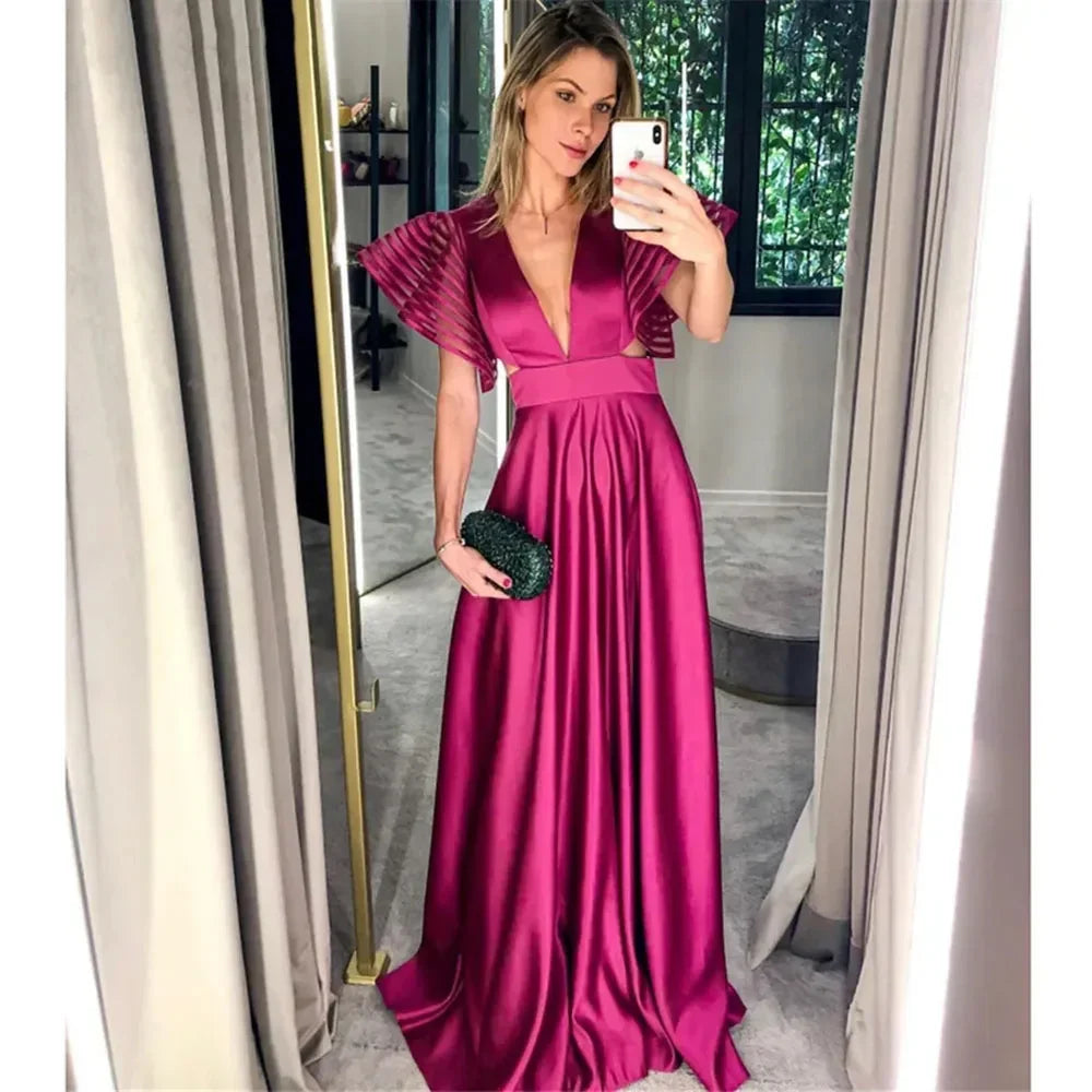 Vestidos Elegantes de Noche para Mujer con Escote en V Sexy en Fucsia Y5036