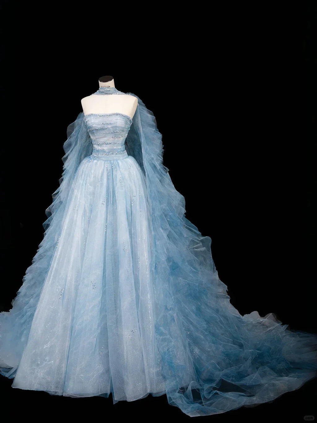 Vestido de baile longo azul sonho em tule com contas, corte em linha A, vestido de noite longo Y8691