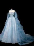 Vestido de baile longo azul sonho em tule com contas, corte em linha A, vestido de noite longo Y8691