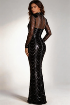 Black Sequin Mermaid Evening Gown | High-Neck Sheer Long Sleeve Formal DressY6821