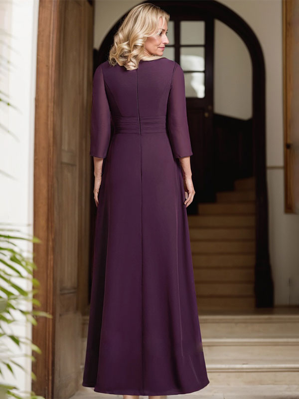 A-line V-Neck Floor-Length Chiffon Mother of the Bride Dress With Pleated Beading
